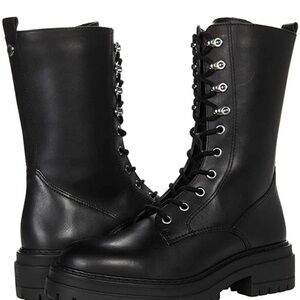 Black Mid-Calf Combat Boots with Sturdy Sole